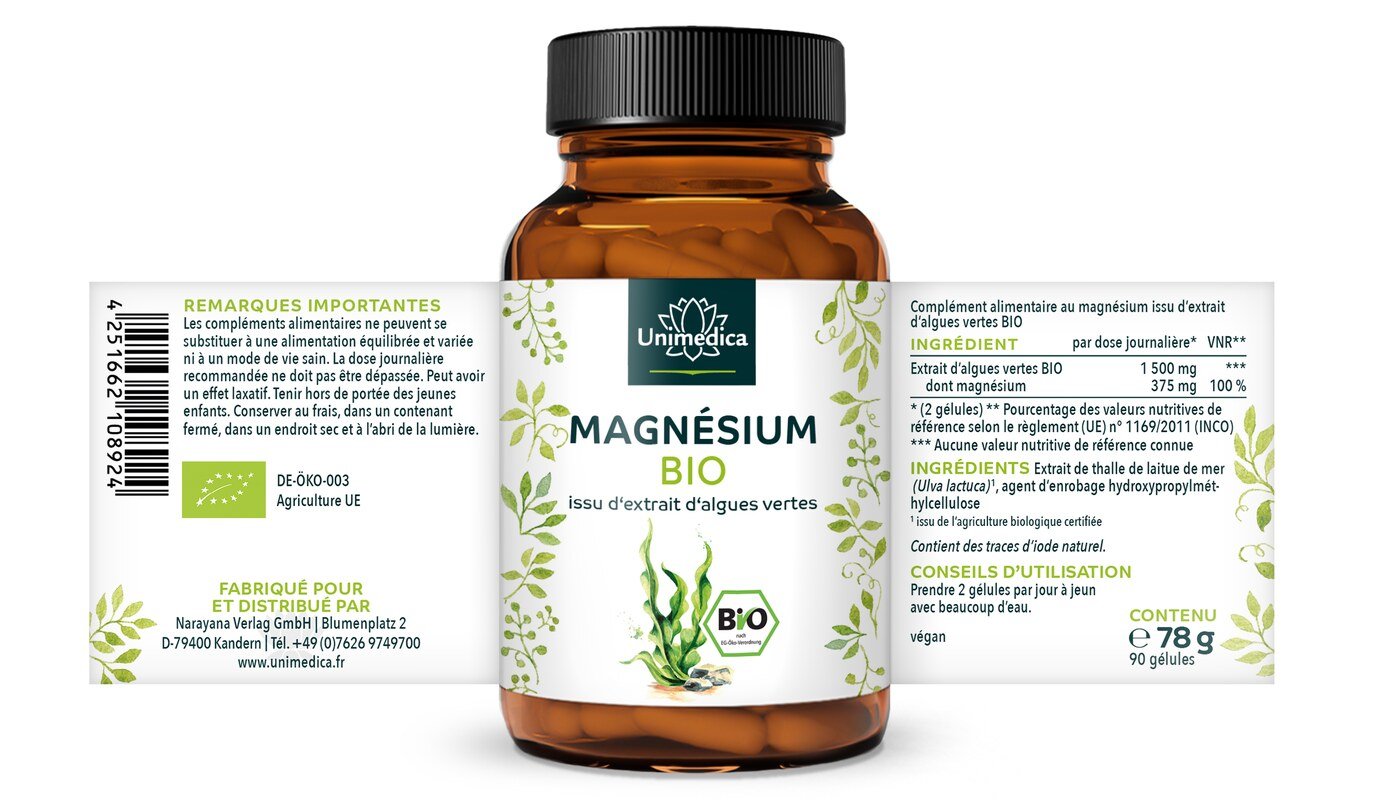 Magnésium Bio  extrait d'algues vertes  375 mg par dose journalière (2 gélules)  90 gélules  par Unimedica