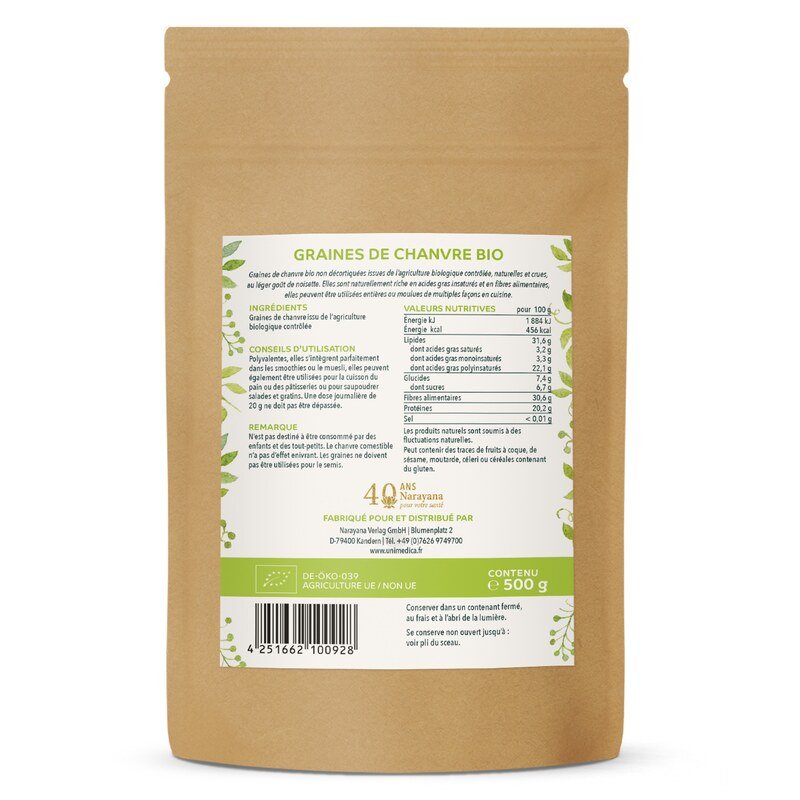 Lot de 2: Graines de chanvre bio - non décortiquées - naturelles - 2 x 500 g - par Unimedica
