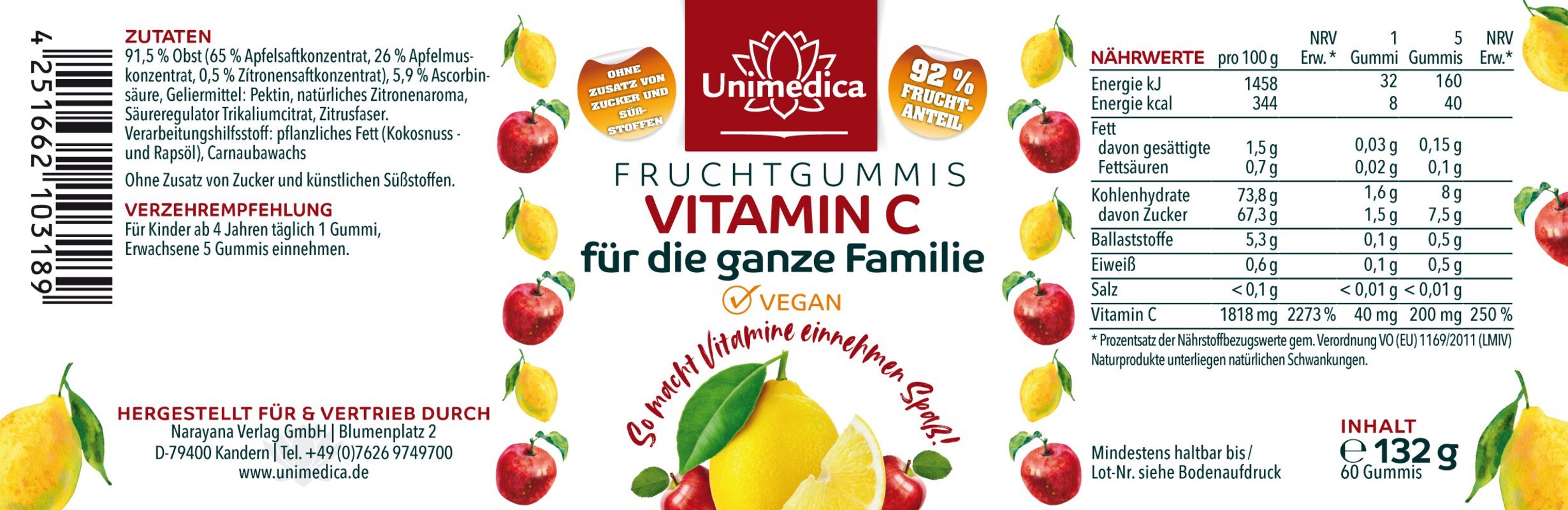 Lot de 2: Gommes aux fruits à la vitamine C pour toute la famille - 2 x 60 gommes - par Unimedica