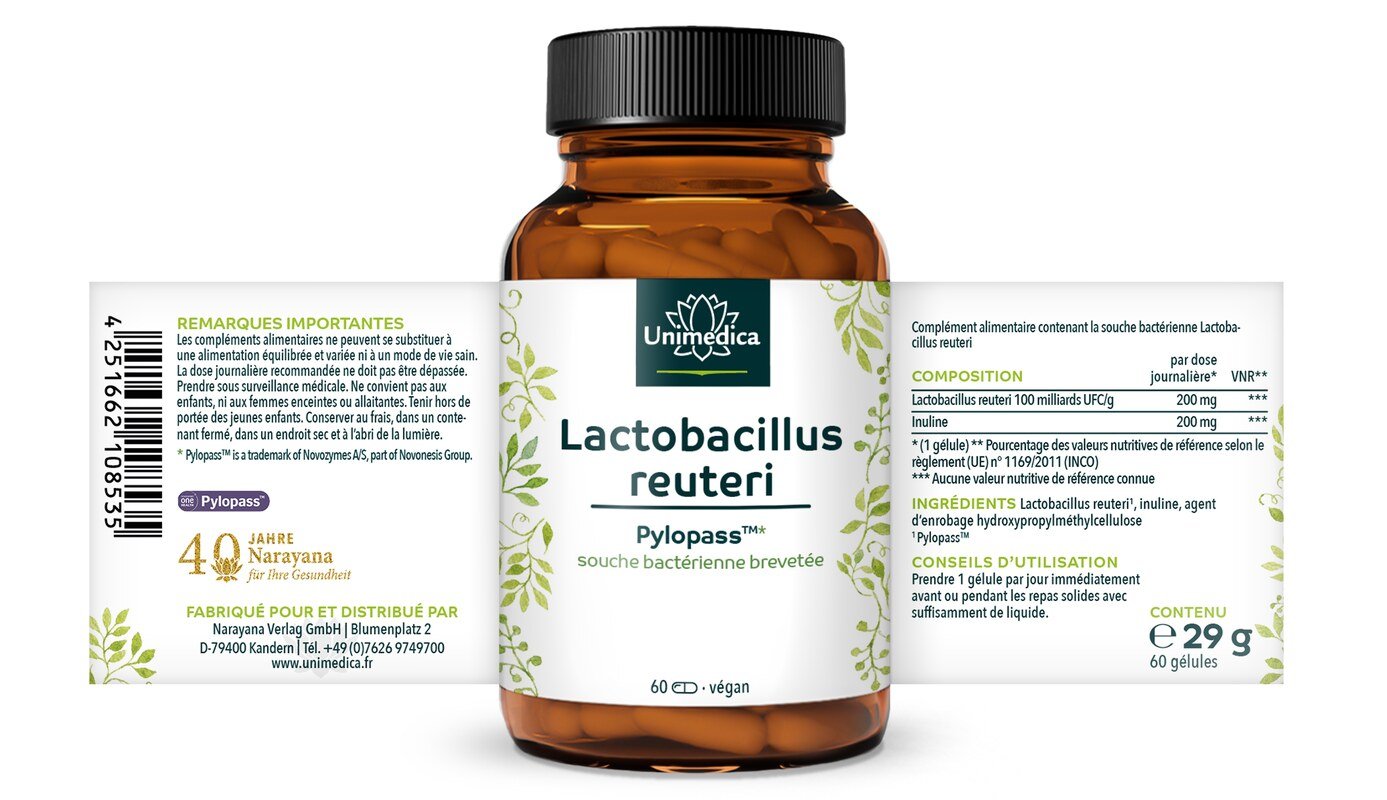 Pylopass™  Lactobacillus reuteri  200 mg par dose journalière  60 gélules  par Unimedica