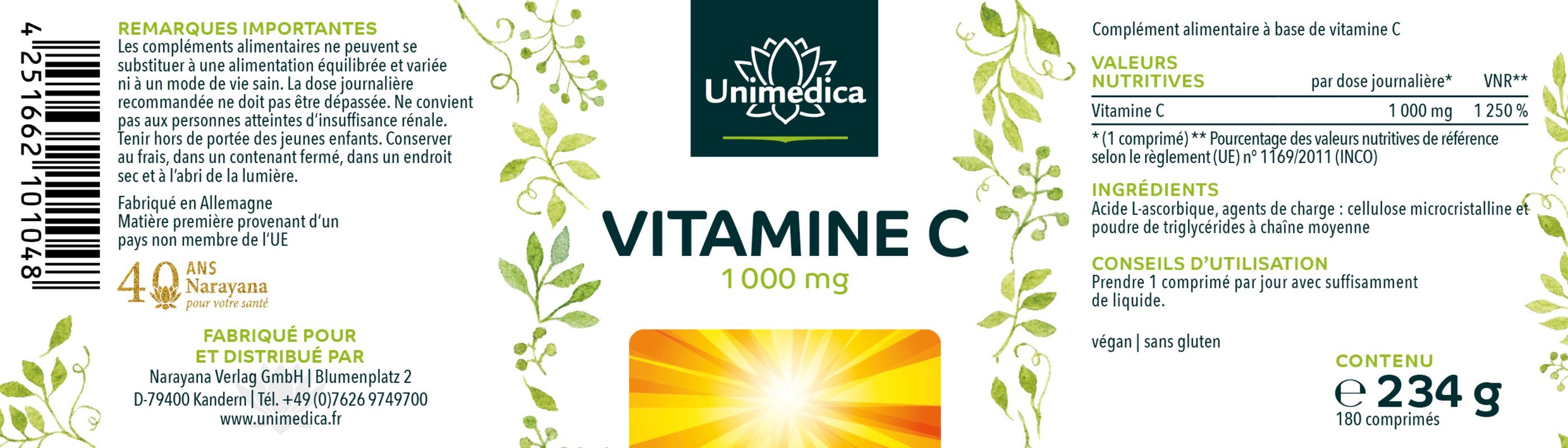 Vitamine C - 1 000 mg par dose journalière - 99 % de pureté - 180 comprimés à dosage élevé - par Unimedica