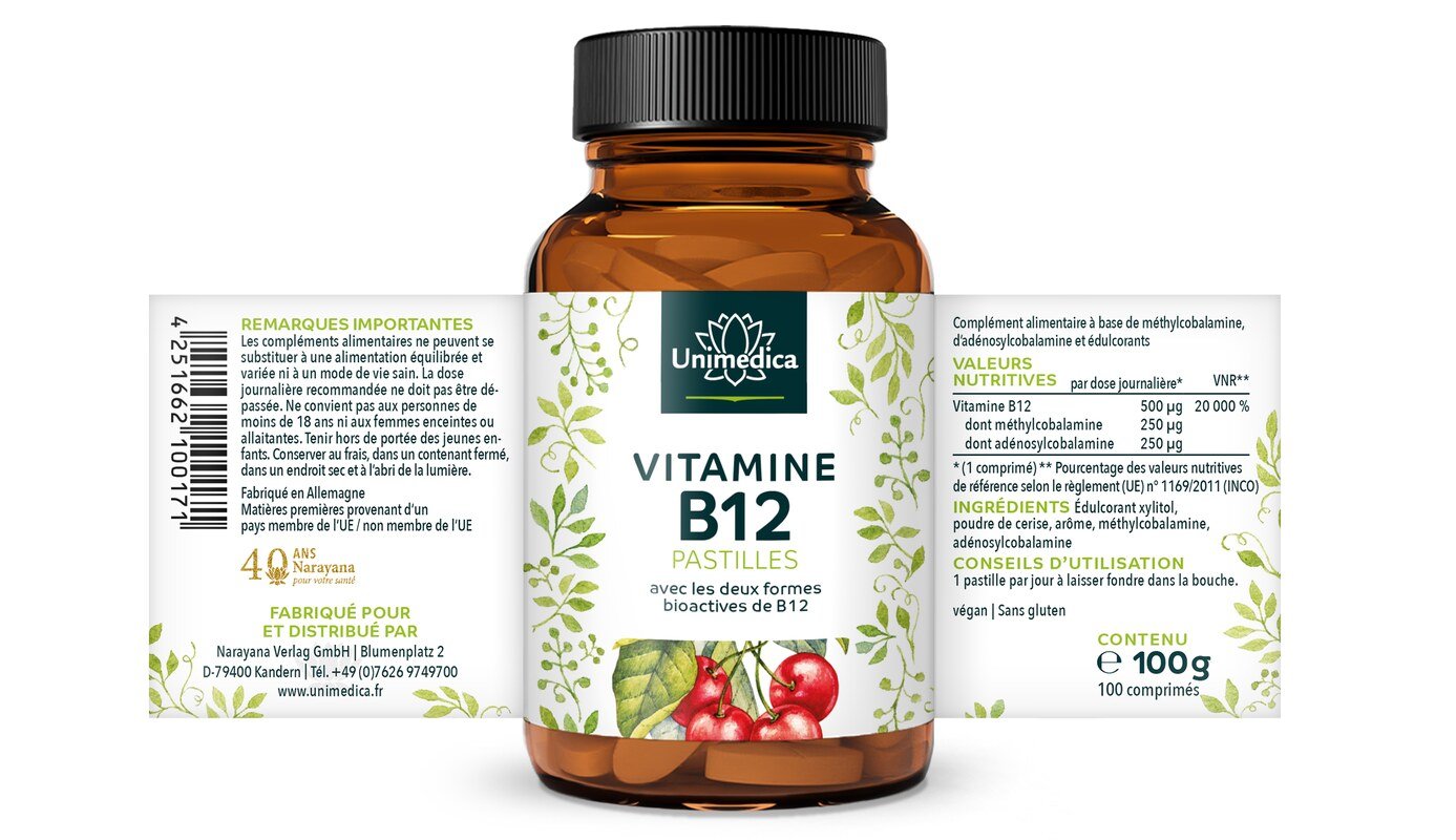 Pastilles de vitamine B12 - 100 comprimés à sucer - par dose journalière - Unimedica
