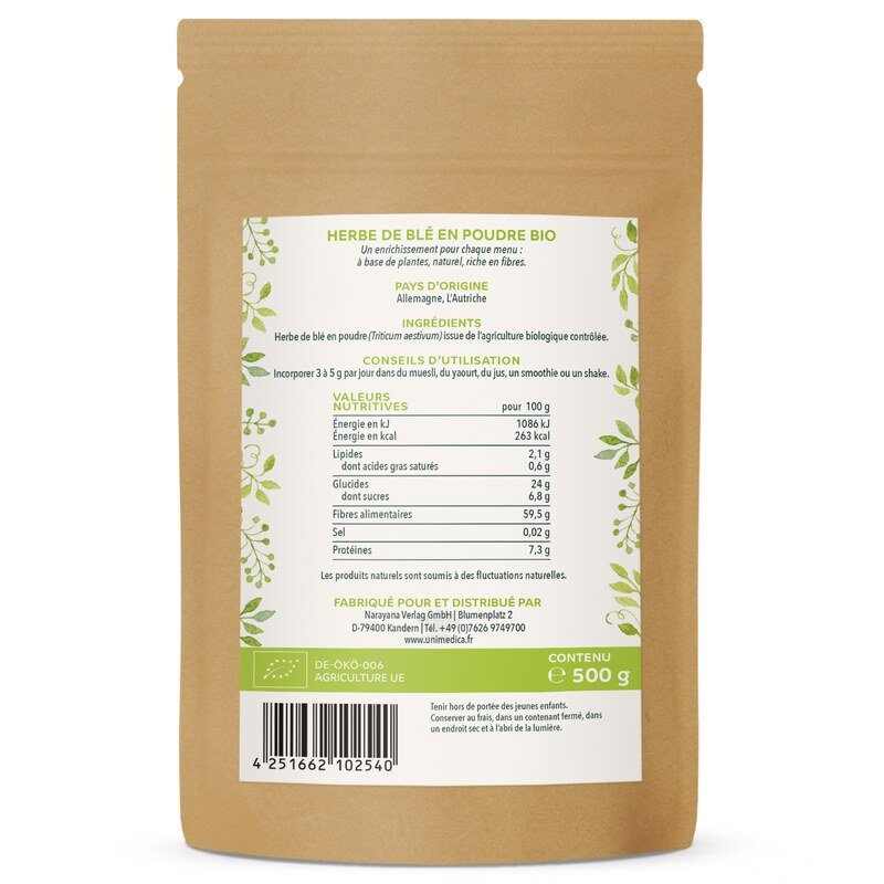 Herbe de blé en poudre BIO  provenance Allemagne  produit 100 % naturel - 500 g - par Unimedica