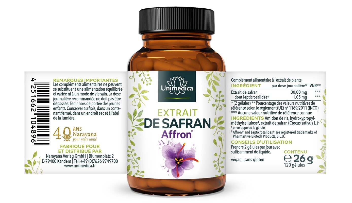 Gélules de safran - avec 30 mg d'extrait de safran Affron® - 3,5 % de lepticrosalides - 120 gélules  par Unimedica