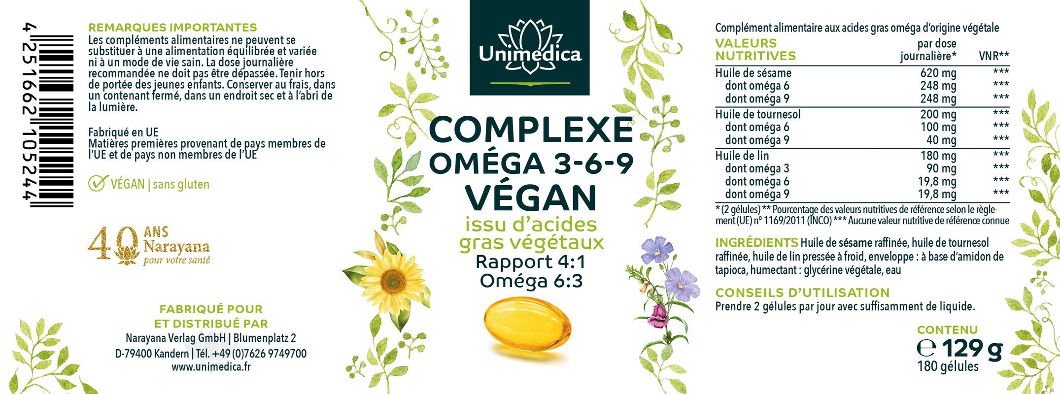 Complexe végan Oméga 3-6-9 - composé d'acides gras oméga d'origine végétale - 180 gélules softgel - végan - par Unimedica