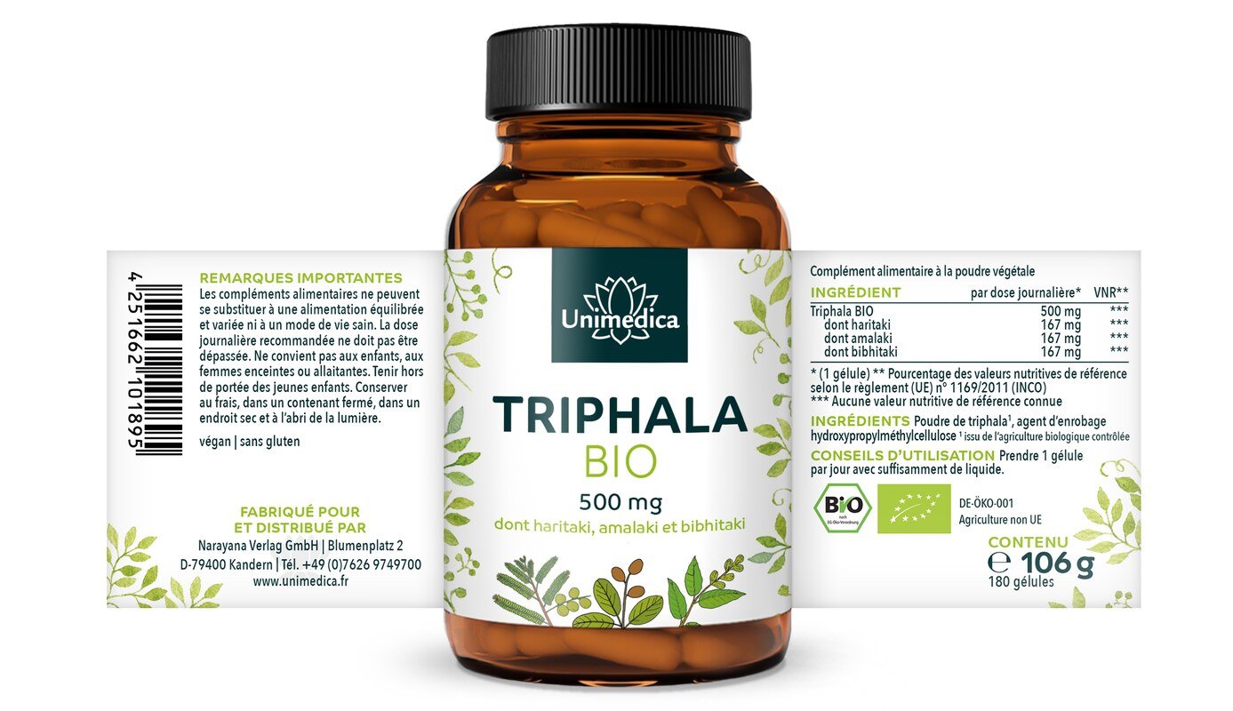 Lot de 2: Triphala Bio - 500 mg - 2 x 180 gélules - par Unimedica