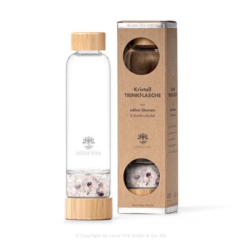 Kristallstein - Trinkflasche 450 ml - Rosenquarz, Bergkristall, Amethyst - Lotus Vita