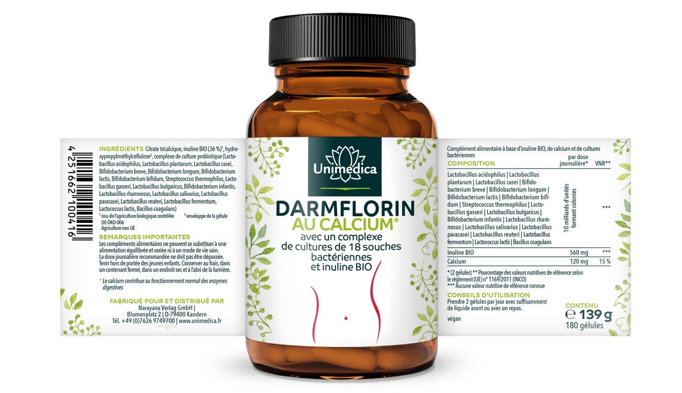 Darmflorin avec calcium - avec complexe de cultures de 18 souches bactériennes et inuline BIO - 180 gélules - par Unimedica