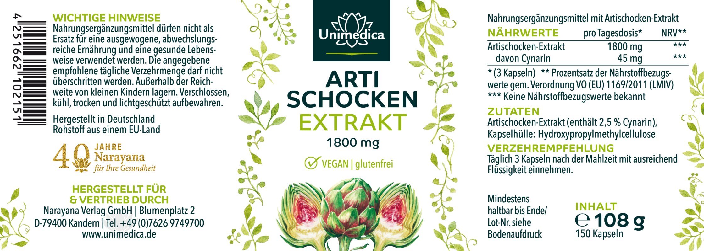 Lot de 2: Extrait d'artichaut - 1 800 mg par dose quotidienne - 2 x 150 gélules - par Unimedica