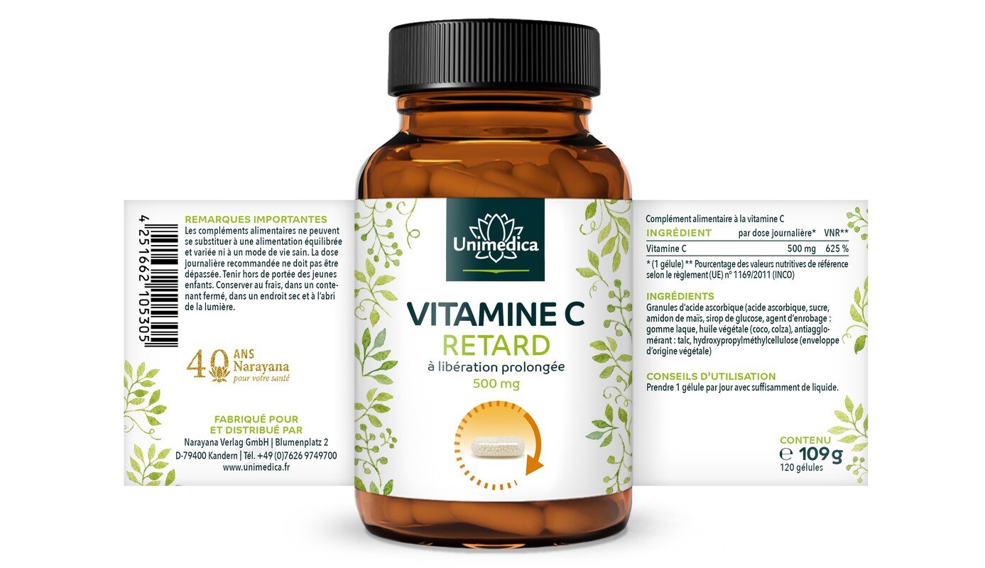 Vitamine C RETARD  à libération retardée - 500 mg par dose journalière (1 gélule) - 120 gélules - par Unimedica
