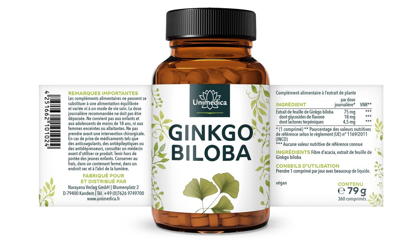 Ginkgo biloba  75 mg par dose journalière - 360 comprimés - par Unimedica