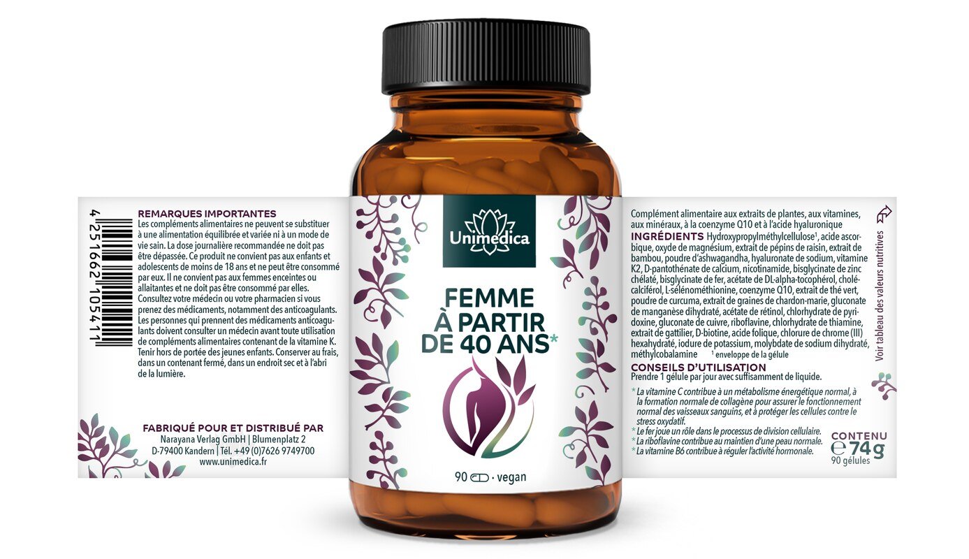 Lot de 2: Femme à partir de 40 ans* - à la coenzyme Q10, à l'acide hyaluronique et aux OPC - 2 x 90 gélules - par Unimedica