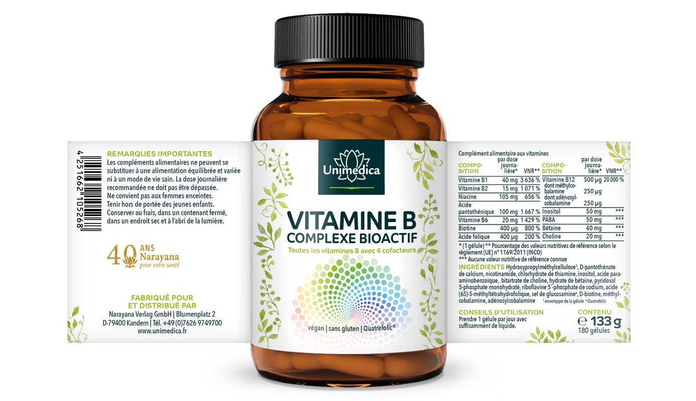 Lot de 2: Complexe vitamine B  bioactif  avec 4 cofacteurs  hautement dosé  2 x 180 gélules  par Unimedica