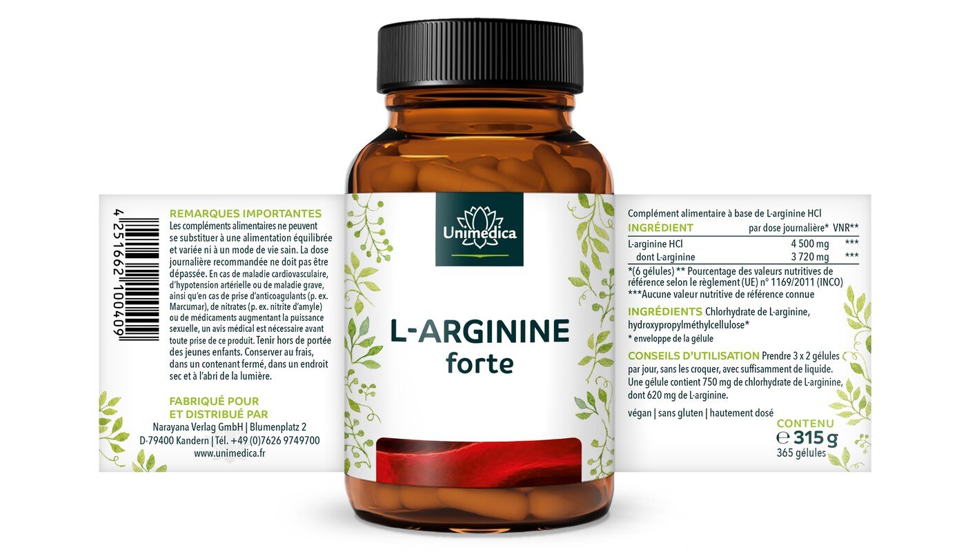 L-arginine forte  3 720 mg par dose journalière (6 gélules)  obtenue par fermentation naturelle  hautement dosée - végane - 365 gélules - par Unimedica