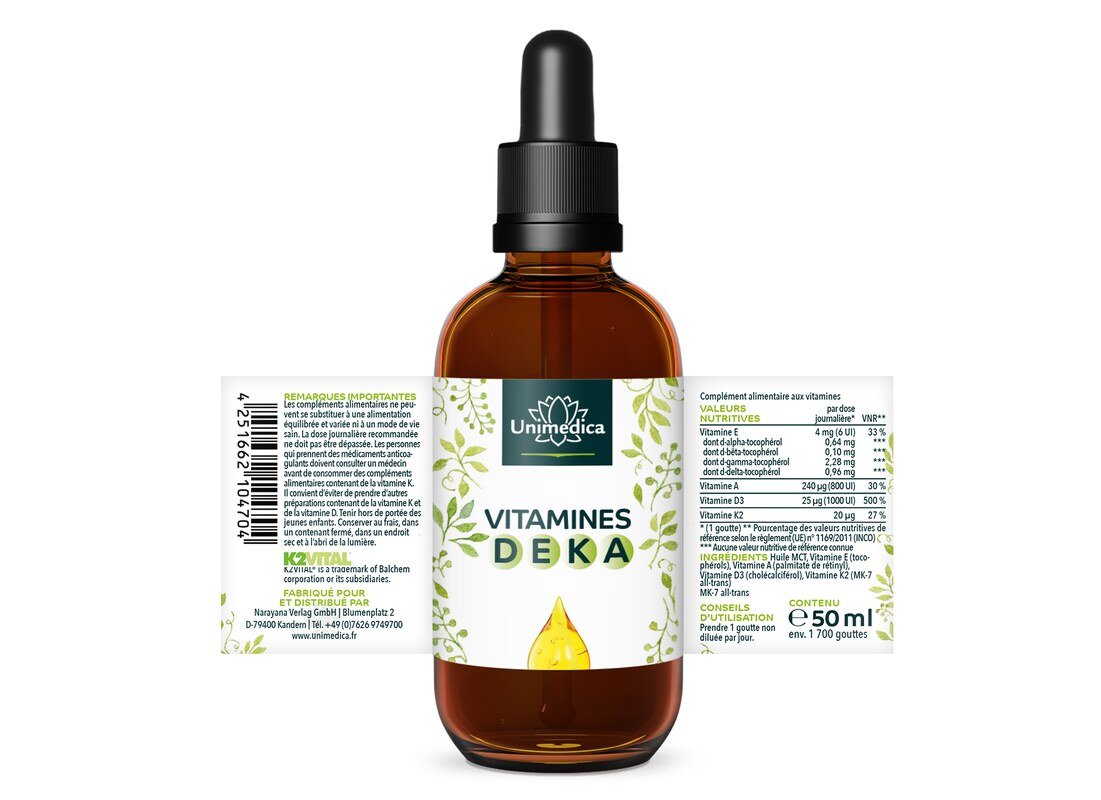 Gouttes de vitamines D E K A - avec toutes les vitamines liposolubles dans un produit combiné puissant - 50 ml - par Unimedica