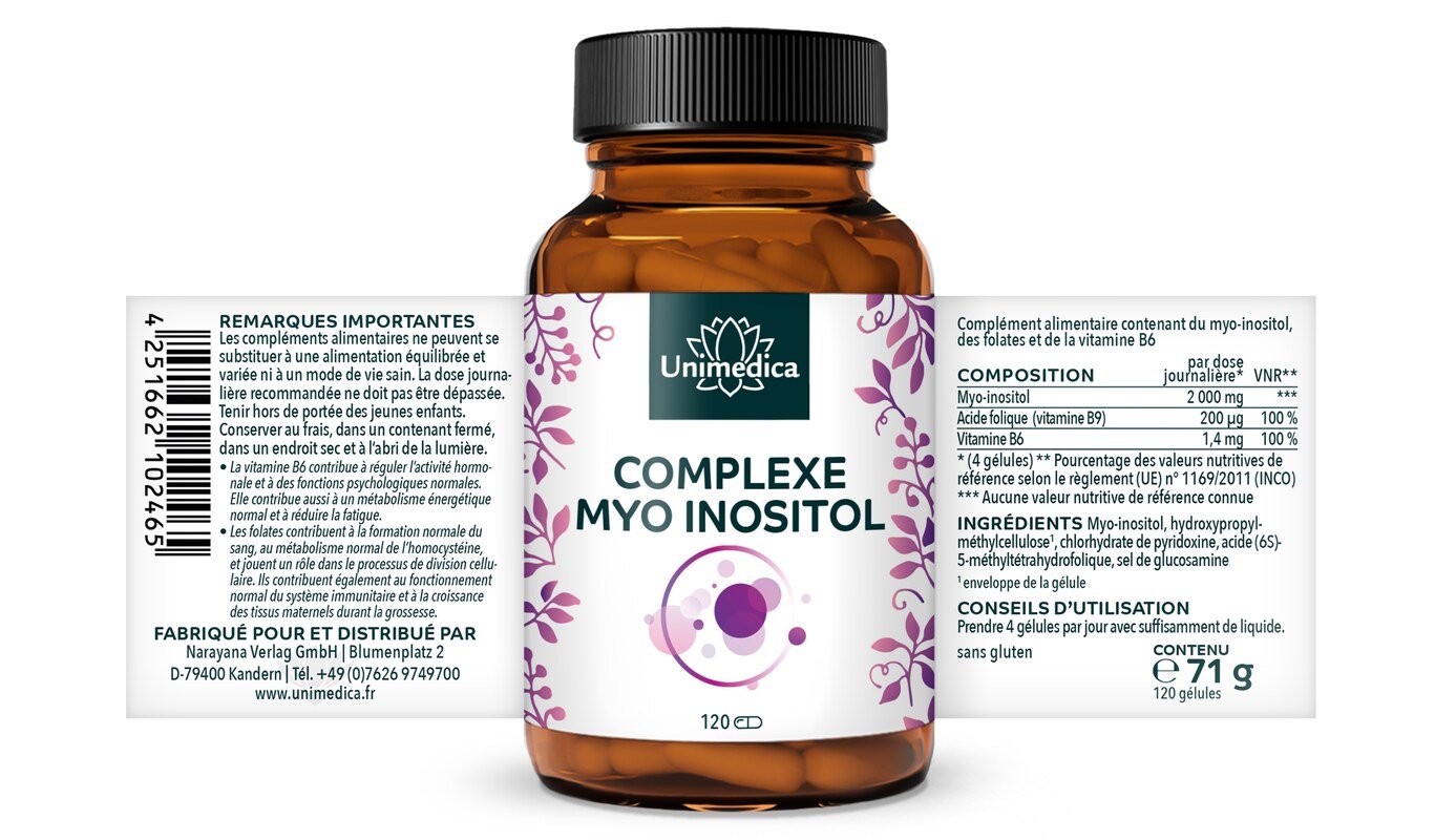 Complexe myo-inositol  avec folates et vitamine B6 - 120 gélules - par Unimedica