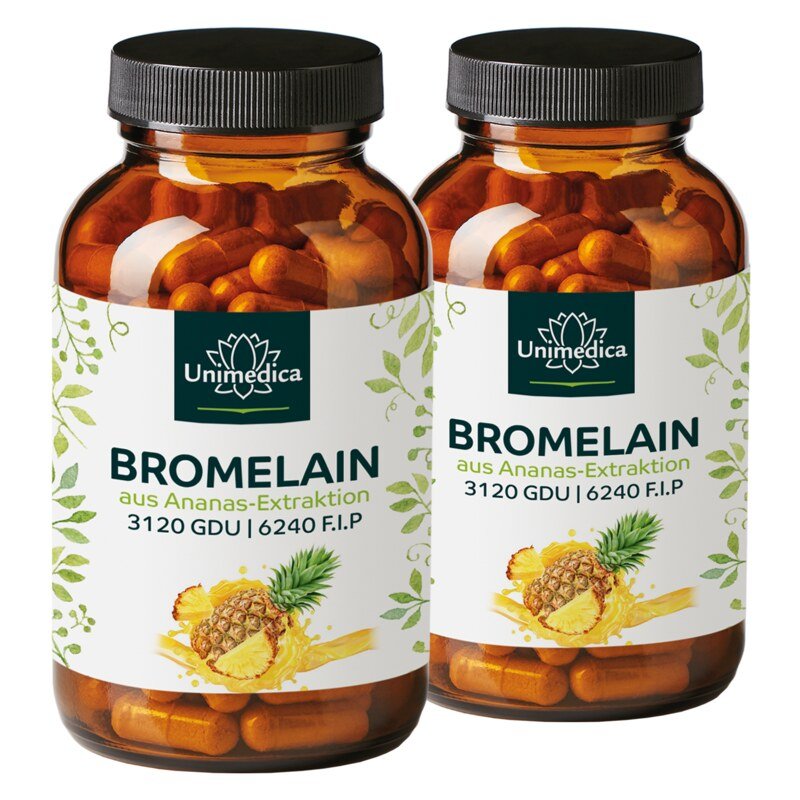Lot de 2: Bromelaïne - 1040 mg et 3.120 GDU | 6.240 F.I.P. par dose journalière (2 gélules) - avec DR® Caps entériques - 2 x 120 gélules - par Unimedica