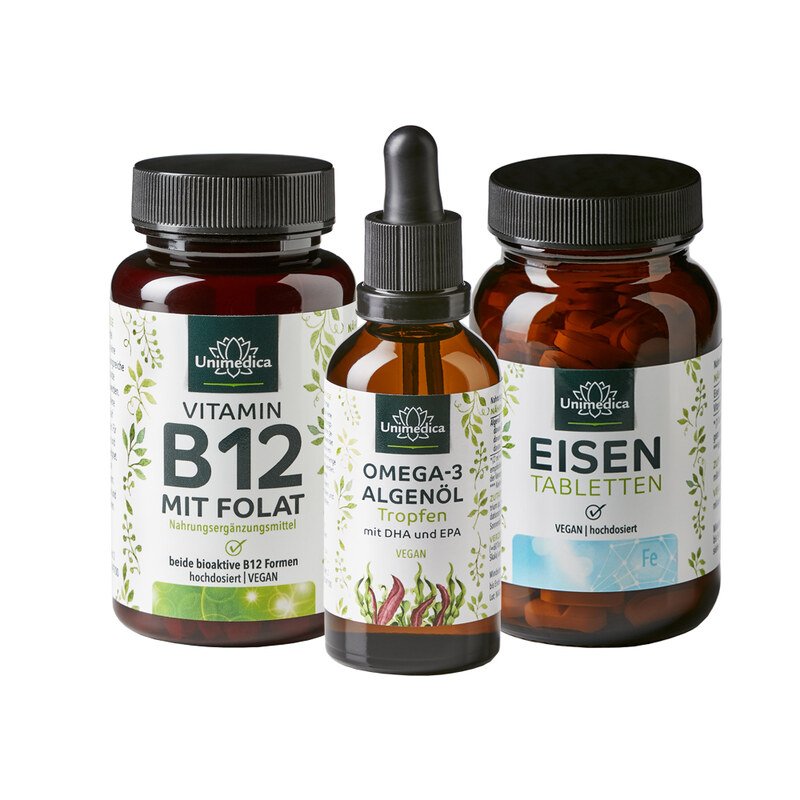 Lot: Vegan complet - bisglycinate de Fer 40 mg avec 40 mg de Vitamine C ET Vitamine B12 avec folate - 180 comprimés ET gouttes d'Huile d'Algue Oméga 3 vegan avec DHA, EPA et DPA - 50 ml - par Unimedica