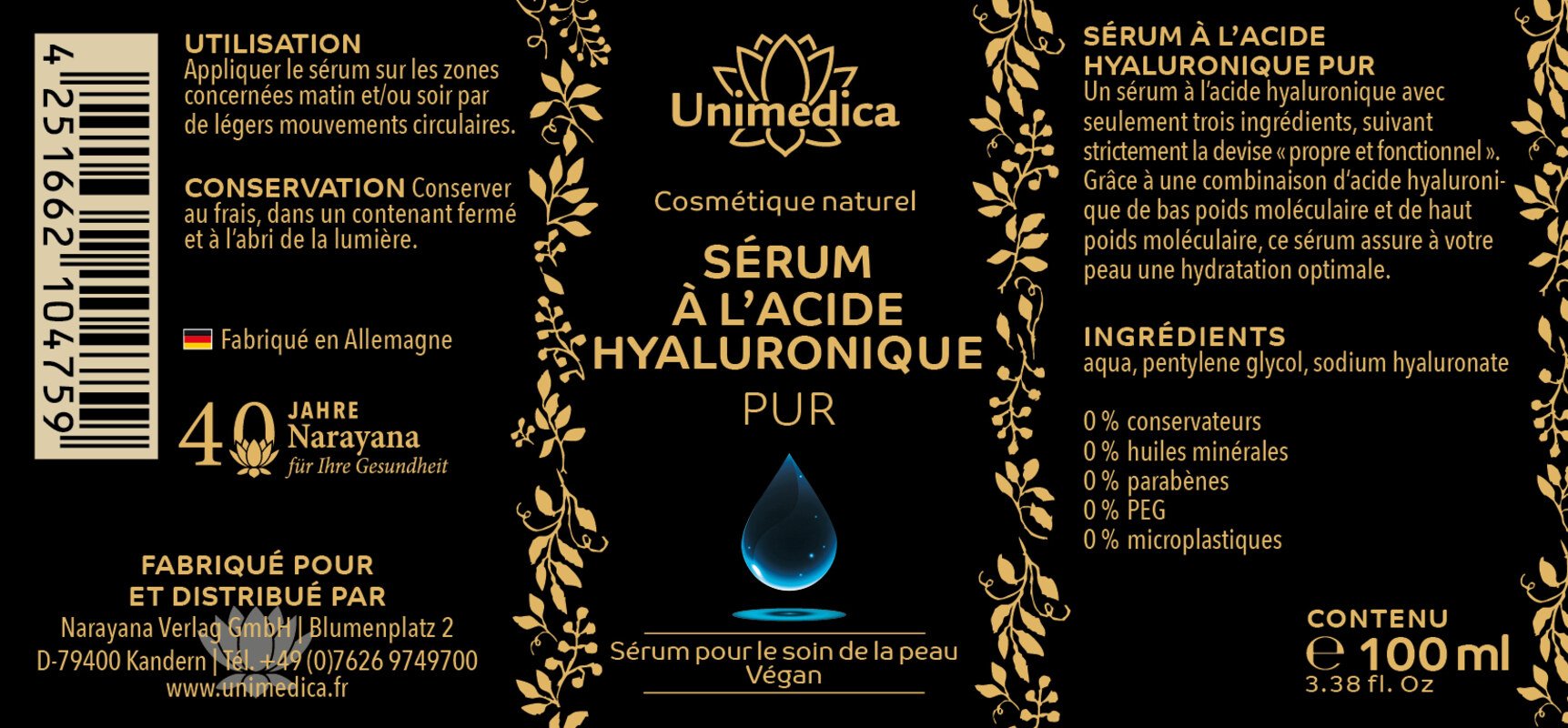 Sérum hyaluronique pur  hautement dosé - 100 ml - par Unimedica