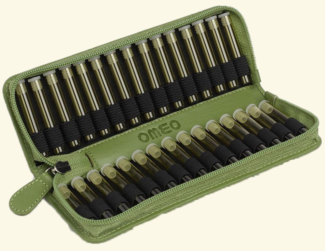 Pharmacie de poche, vide, pour 30 fioles, en cuir vachette vert