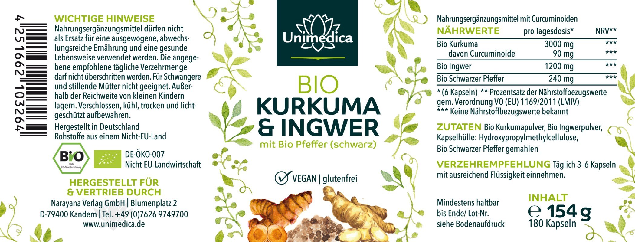 Lot de 2: Curcuma et gingembre BIO au poivre (noir) BIO - 180 gélules - par Unimedica