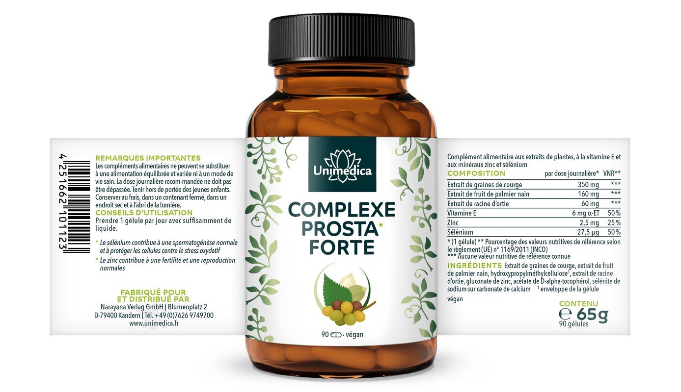 Complexe Prosta* forte  à l'extrait de graines de courge, à l'extrait de palmier nain et à la racine d'ortie - 90 gélules - par Unimedica