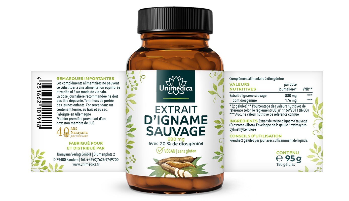 Extrait de Wild Yam  - 880 mg par dose journalière (2 gélules) - avec 20 % de diosgénine - 180 gélules - Unimedica