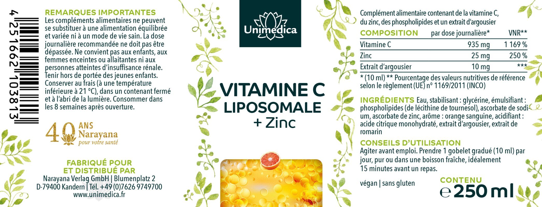 Vitamine C liposomale + zinc - 935 mg de vitamine C et 25 mg de zinc par dose quotidienne (10 ml) - 250 ml - par Unimedica
