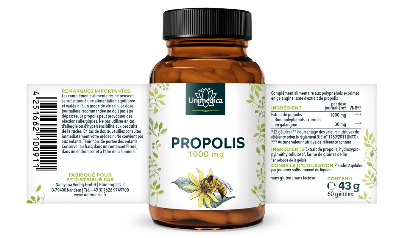Gélules de propolis - 1 000 mg d'extrait de propolis par dose quotidienne (2 gélules) - 60 gélules - par Unimedica