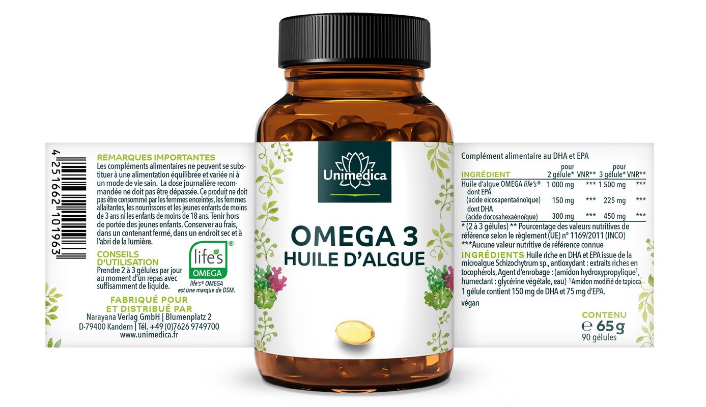 Huile d'algue en gélules - avec 250 mg de DHA - 90 gélules - par Unimedica