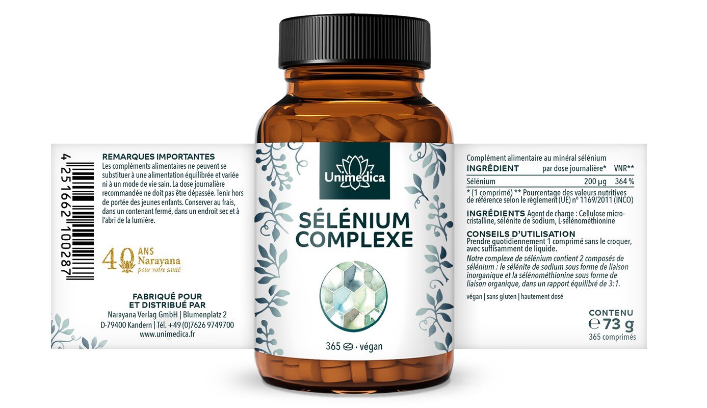 Sélénium Complexe - 200 µg par dose journalière - hautement dosé - 365 comprimés - par Unimedica
