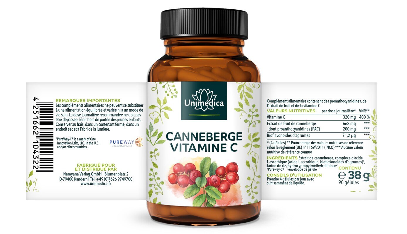 Extrait de canneberge - 500 mg par dose journalière - avec de la vitamine C - 90 gélules - par Unimedica