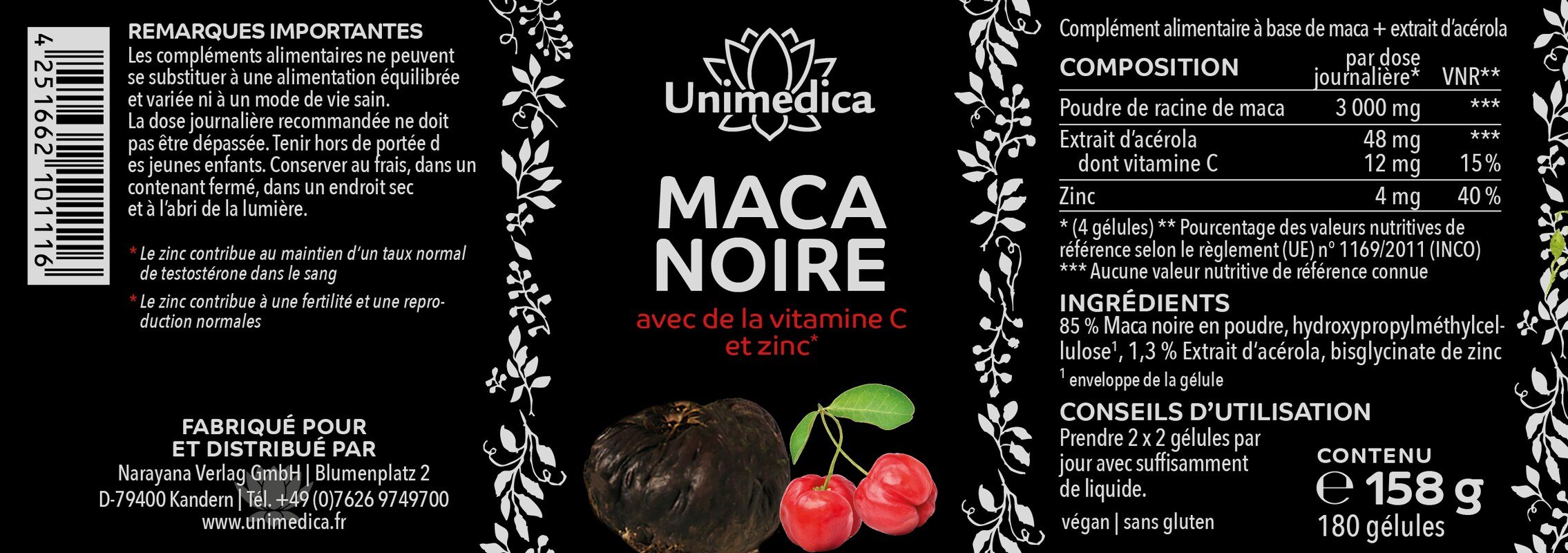 Lot de 2: Maca noire avec de la vitamine C issue de l'acérola et zinc  3 000 mg par dose journalière (4 gélules) - 2 x 180 gélules - par Unimedica