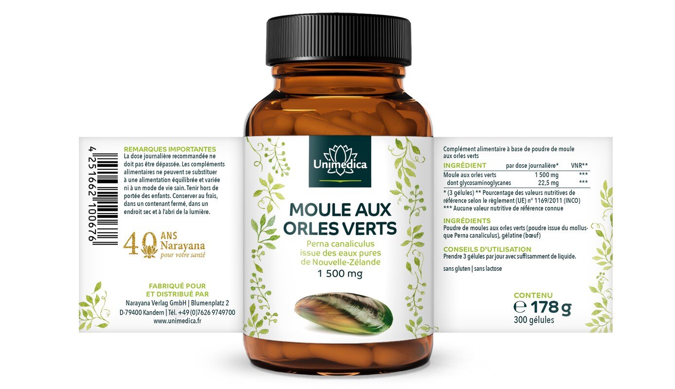 Lot de 2: Moule aux orles verts - 1 500 mg par dose journalière (3 gélules) - 2 x 300 gélules - Unimedica