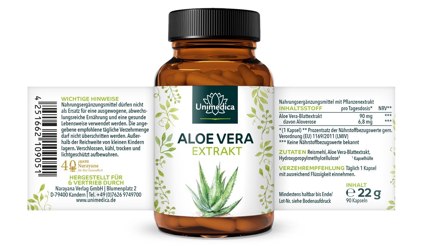 Aloe Vera Extrakt Kapseln - 90 Kapseln - von Unimedica