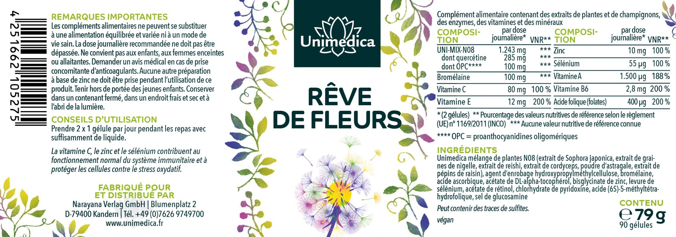 Rêve de fleurs - complexe contenant de la quercétine, un extrait de graine de nigelle, du curcuma, du zinc et des vitamines - 90 gélules - par Unimedica
