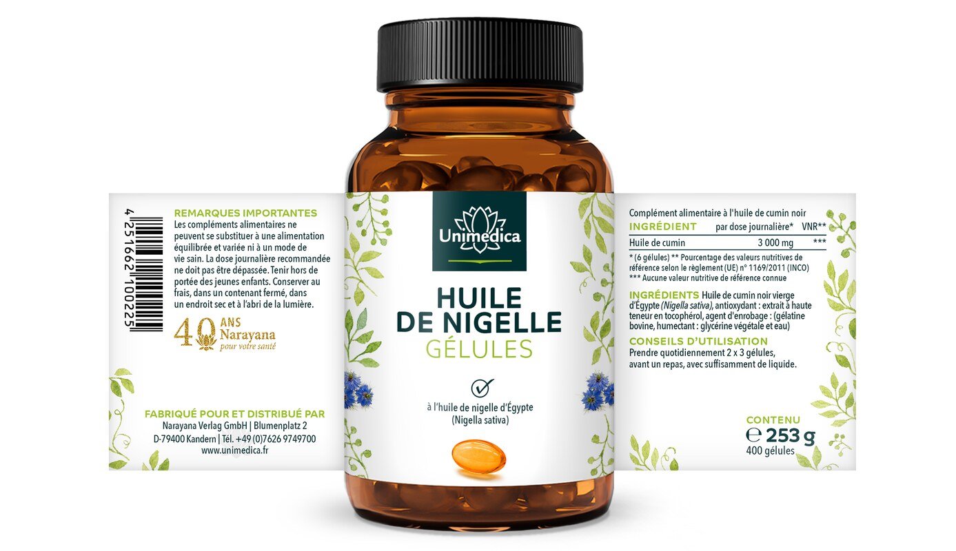 Huile de nigelle (cumin noir) 500 mg - 400 gélules - Unimedica