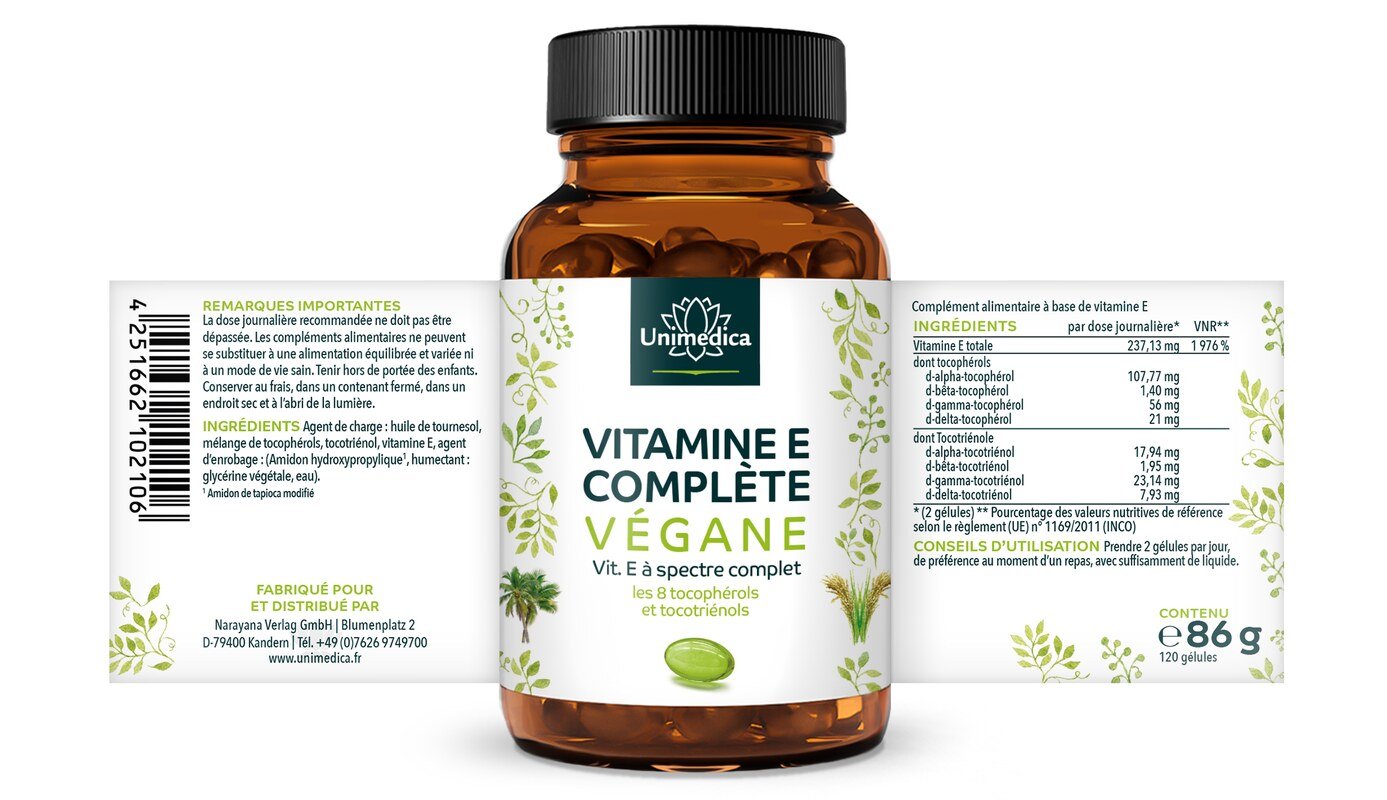 Vitamine E complète végane - 237 mg - 120 gélules  par Unimedica