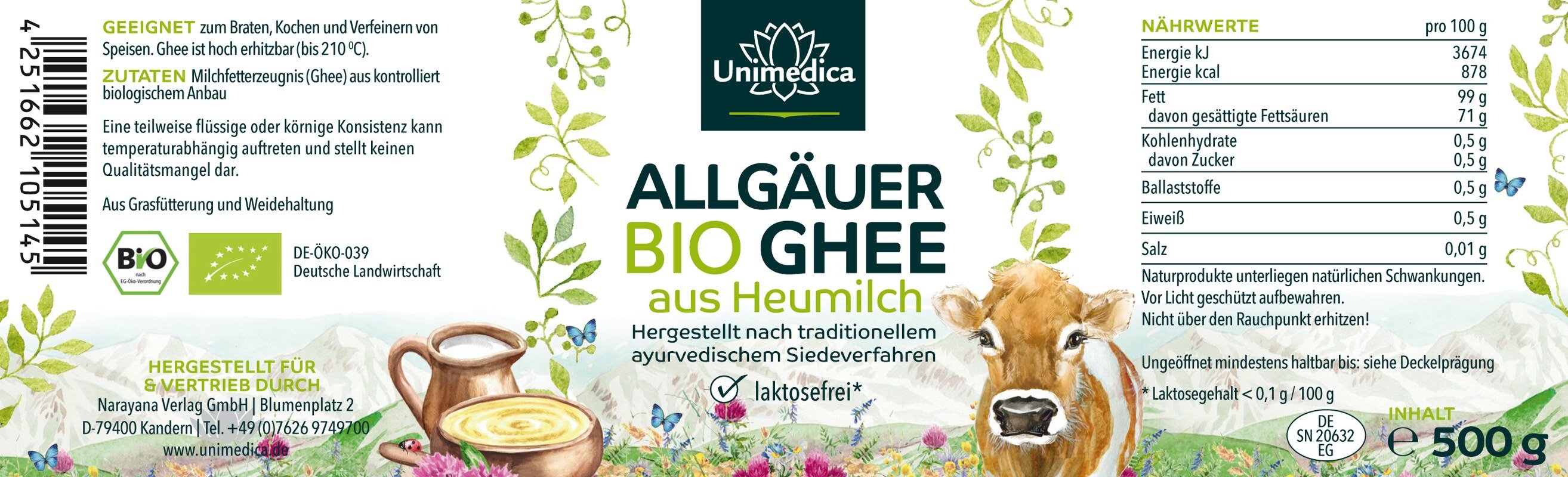 Ghee BIO  lait de foin de l'Allgäu  issu du pâturage et du fourrage à base d'herbe - 500 g - par Unimedica