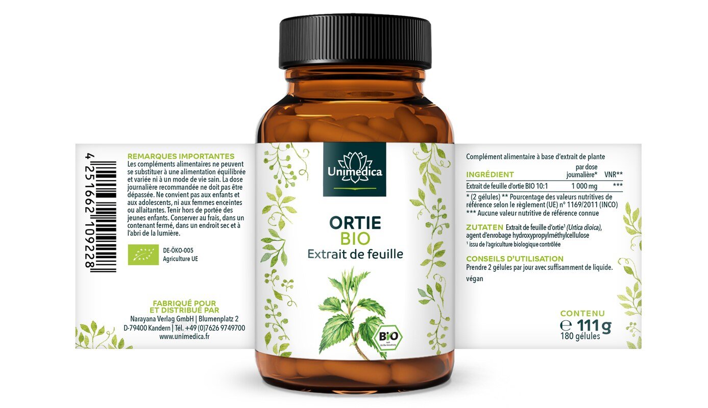 Ortie biologique - Extrait de feuilles d'ortie 10:1 - 1 000 mg par dose quotidienne (2 gélules) - 180 gélules - par Unimedica