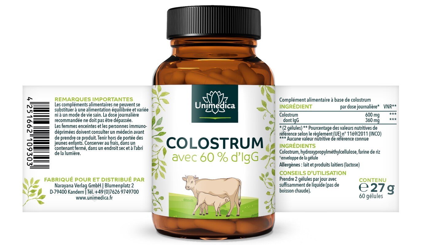 Colostrum - avec 60 % d'IgG - 600 mg par dose journalière - 60 gélules - par Unimedica