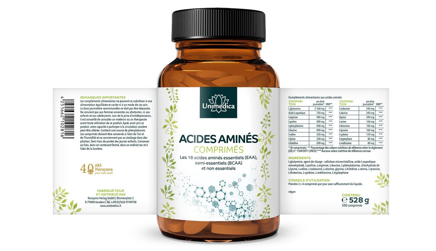 Lot de 2: Comprimés d'acides aminés - 2 x 500 comprimés à 1 000 mg - tous les 18 acides aminés essentiels (EAA), semi-essentiels (BCAA) et non essentiels - d'Unimedica