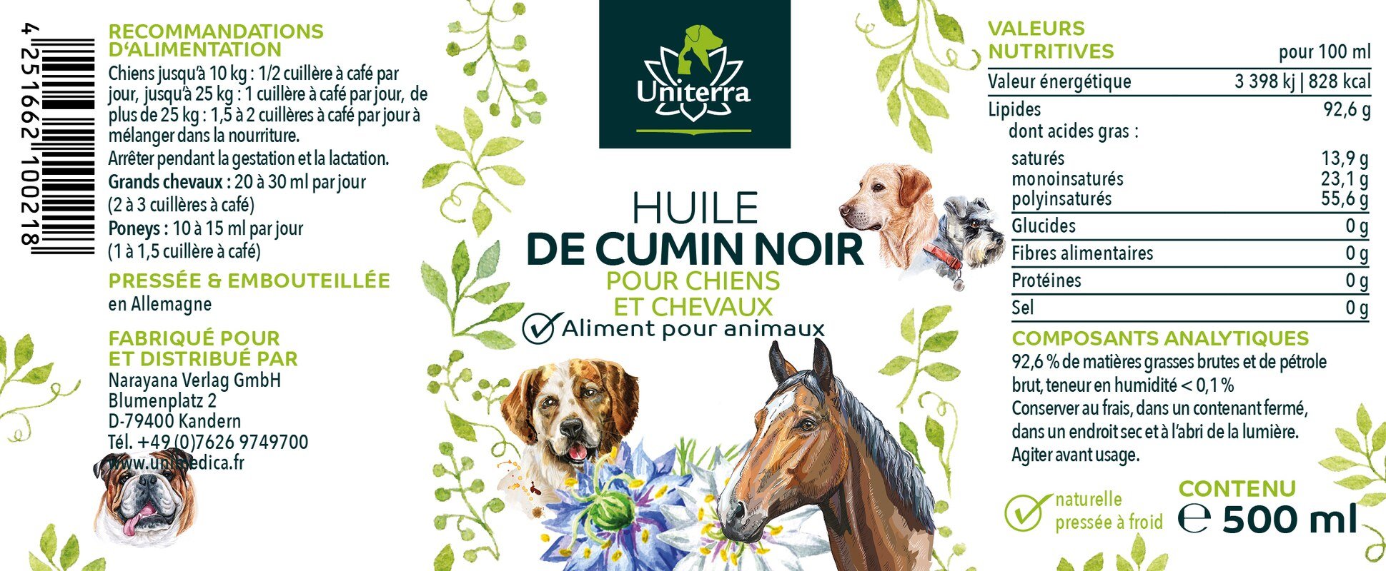 Huile de nigelle (cumin noir) pour chiens et chevaux - pressé à froid - 500 ml - d'Unimedica
