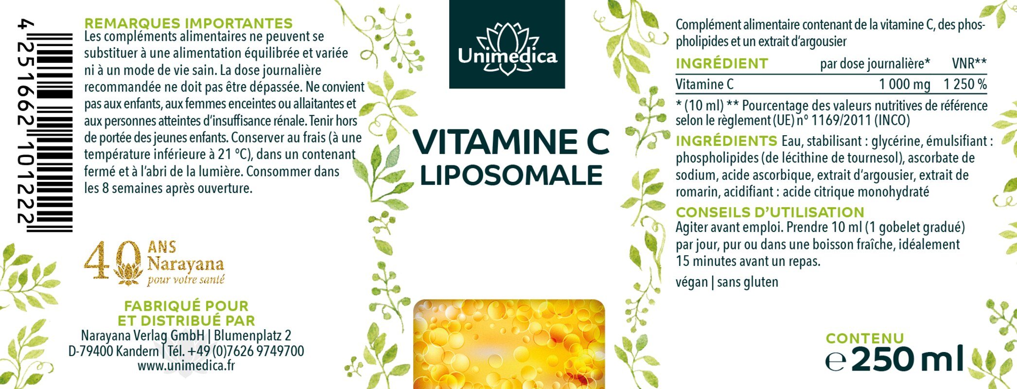 Vitamine C liposomale - 1 000 mg par dose journalière - 250 ml - par Unimedica
