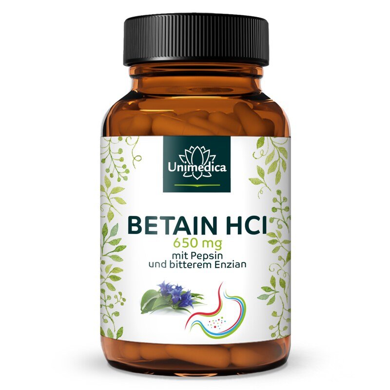 Betaïne HCL - 650 mg - avec pepsine et gentiane amère - 120 gélules - Unimedica