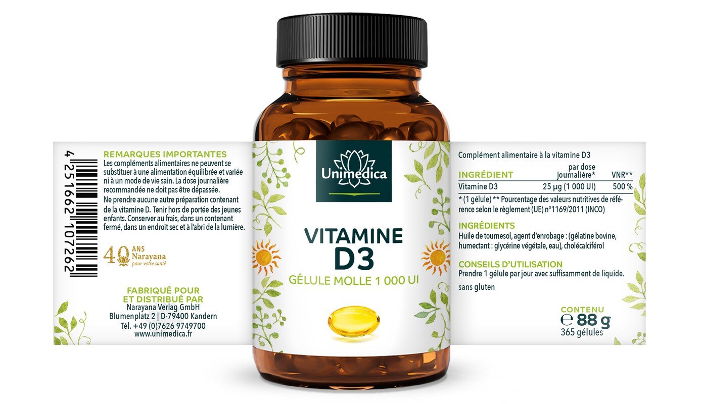 Lot de 2: Vitamine D3 gélules molles  25 µg (1 000 UI) par dose journalière (1 gélule)  2 x 365 gélules  par Unimedica