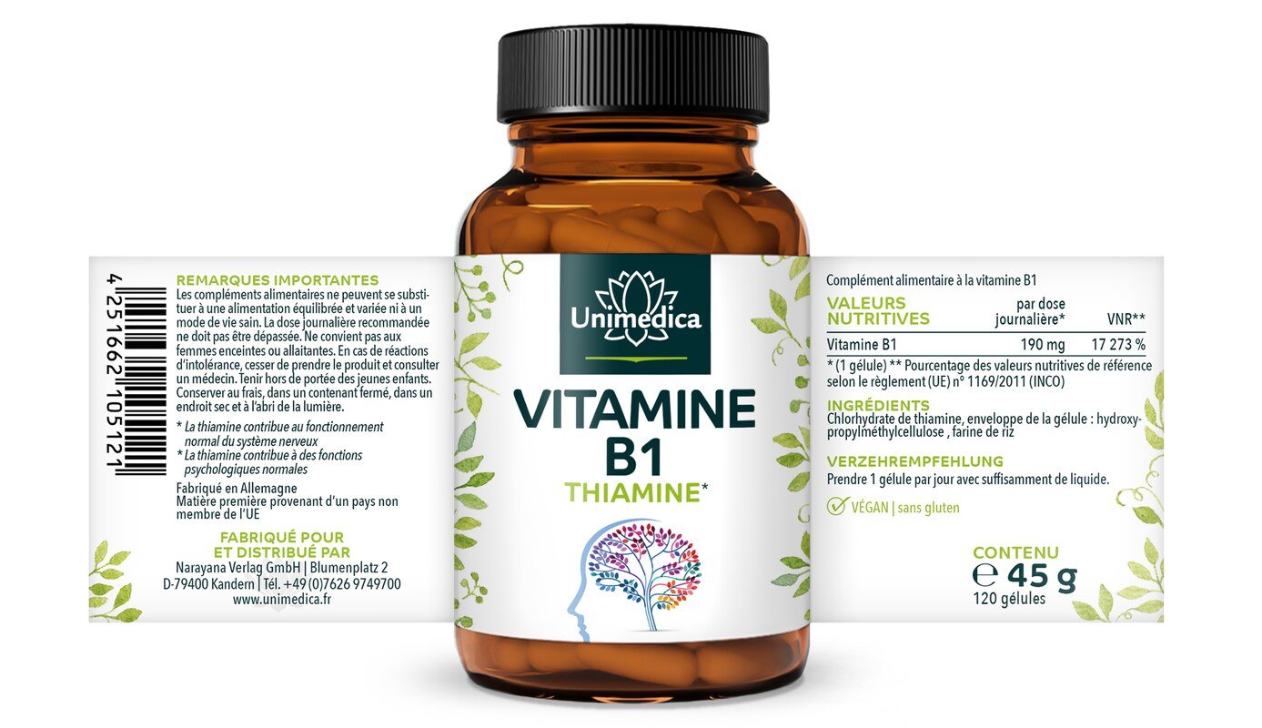 Vitamine B1 - thiamine - 190 mg par dose journalière (1 gélule) - 120 gélules - par Unimedica