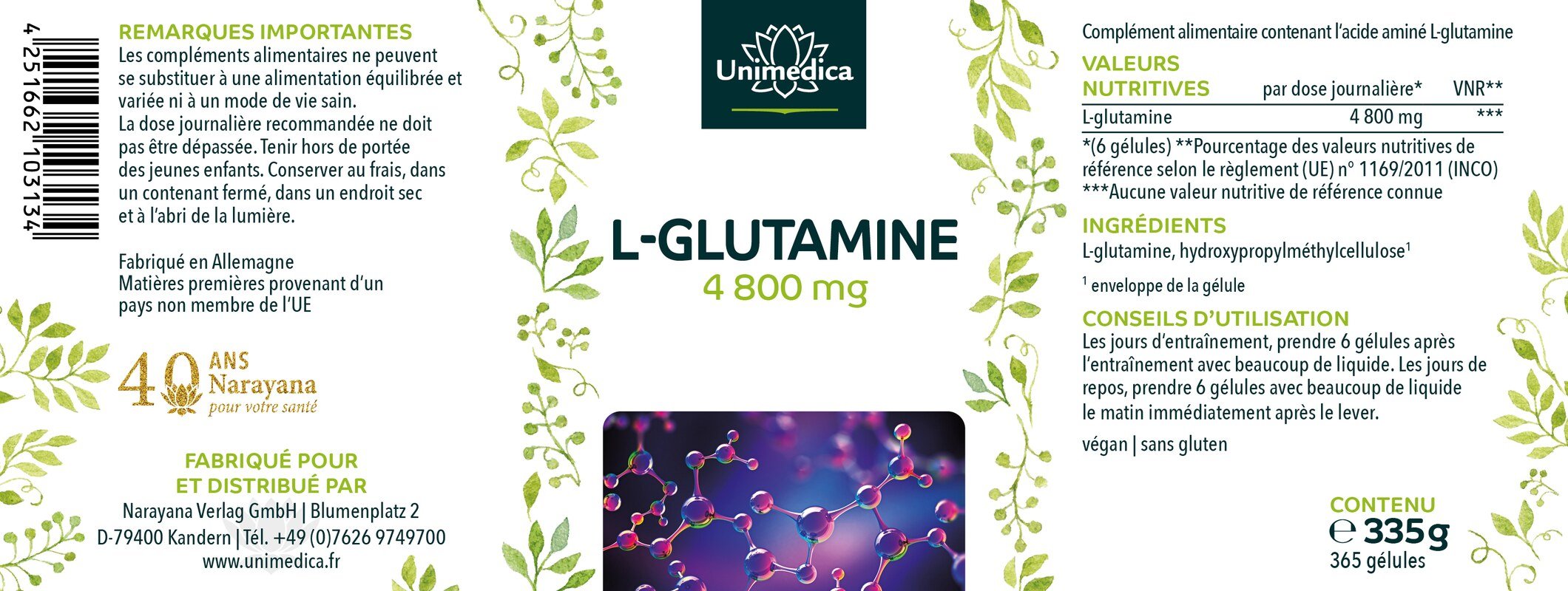 L-glutamine  acide aminé semi-essentiel - 365 gélules - par Unimedica