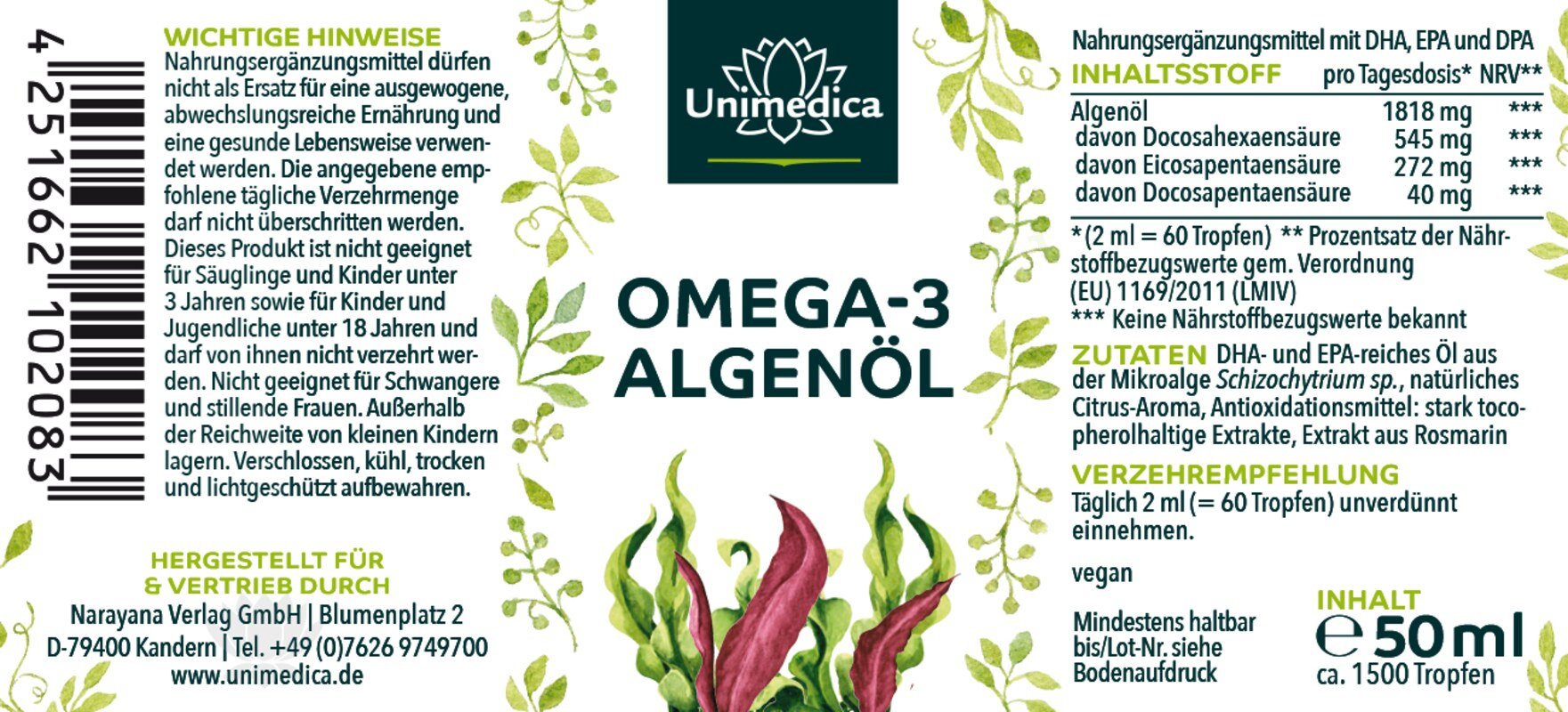 Lot: Vegan complet - bisglycinate de Fer 40 mg avec 40 mg de Vitamine C ET Vitamine B12 avec folate - 180 comprimés ET gouttes d'Huile d'Algue Oméga 3 vegan avec DHA, EPA et DPA - 50 ml - par Unimedica