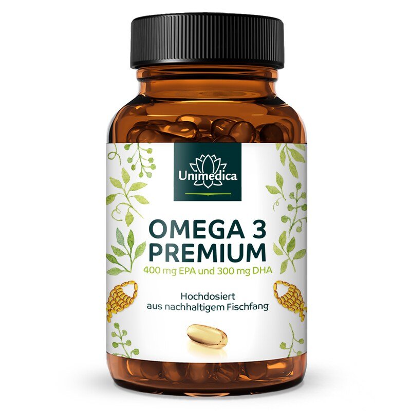 Oméga 3 - Huile de poisson premium avec 400 mg d'EPA et 300 mg de DHA - hautement dosée - issue de la pêche durable - 1.000 mg par dose journalière (1 gélule) - 120 gélules softgel - de Unimedica